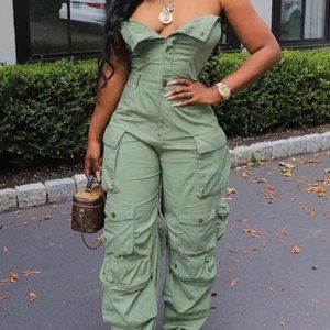 NEW Plus Size Denim Strapless Cargo Jumpsuit With Pocket XL (14)